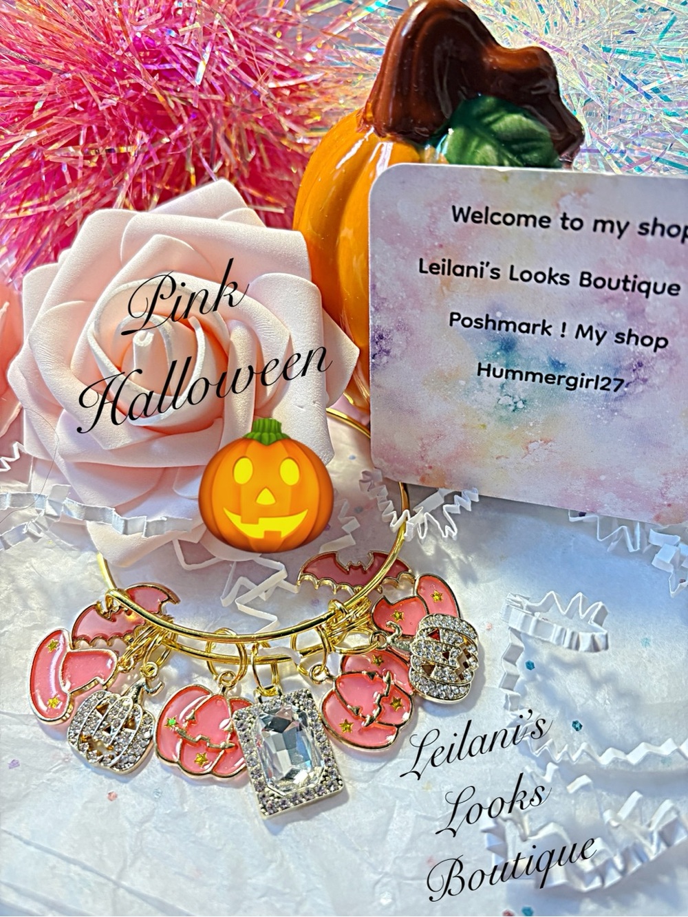 Gold Pink Pumpkin Charm Bracelet/pink Halloween/pink pumpkins/bats/girly/